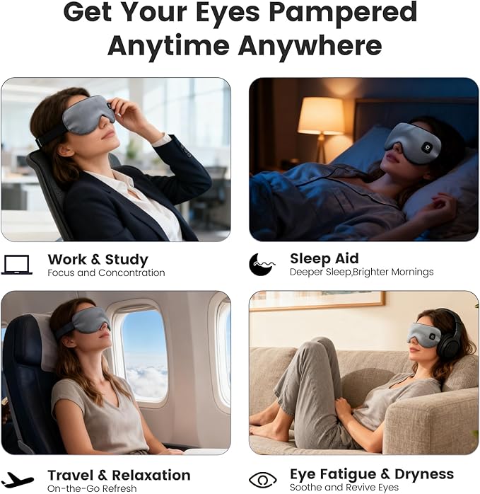 Cordless Heated Eye Mask for Dry Eyes, Blocking Light Warm Compress Rechargeable, 1000mAh Electric Eye Heating Pad for Sleeping, Washable Silk Heat Sleep Mask with 3 Temperature Settings, Grey