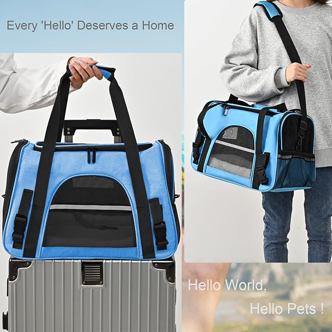 Dog Cat Carrier Soft for Small Pet Up to 16 Lbs TSA Airline Approved Travel Carrier Collapsible Puppy Car Mesh Bag 17.5 * 10.2 * 11.4 inch - Blue