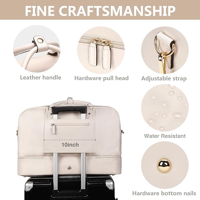 4PCS Leather Duffle Bags, Weekender Bag for Women Men, Large Travel Duffel-Overnight Bag with Toiletry, Makeup, Shoulder Bag, Faux Leather Carry On with Shoe Compartment (White)