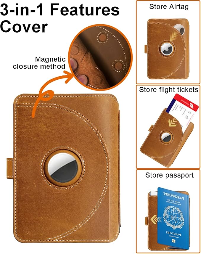 Leather Passport Holder for Travel with Airtag Slot, Passport Wallet for Men & Women,1-3 Passport Books,Passport Sleeves Travel Essential & Gift (Glod Brown, With AirTag Slot)