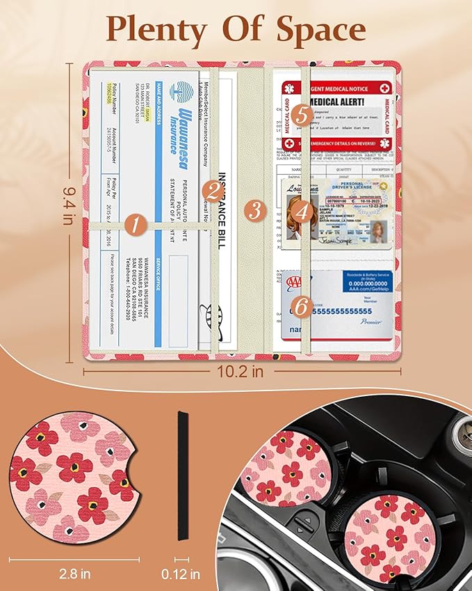 Slohif Car Registration and Insurance Card Holder - Floral Vehicle Glove Box Organizer Women with Magnetic Shut Leather Automobile License Holders Coasters Auto Accessories Case for Document