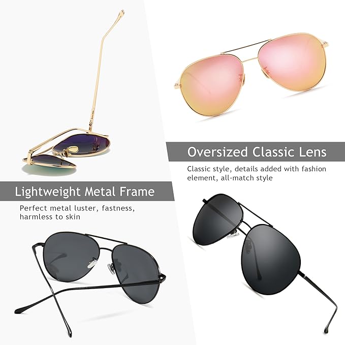 SUNGAIT Women's Lightweight Oversized Aviator Sunglasses - Classic Style Polarized Lens