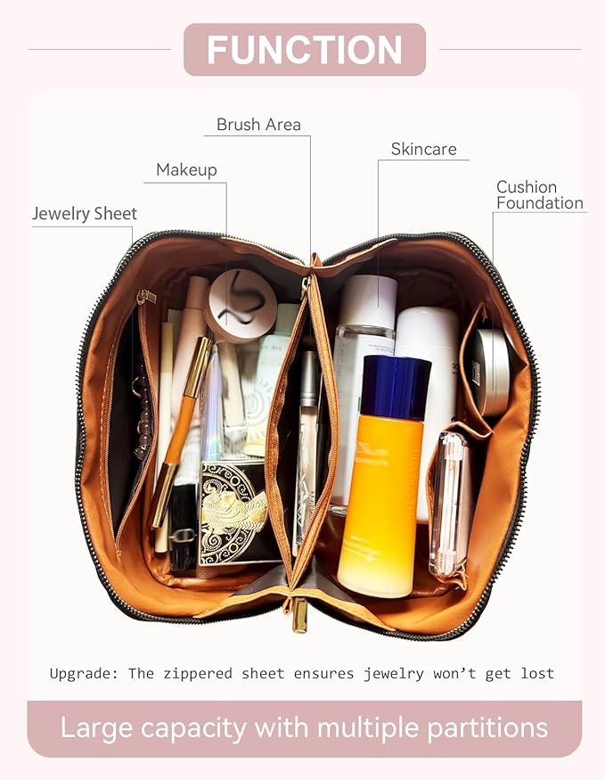 Travel Makeup Bag for Women, Large Capacity Cosmetic Bags for Girls, Compact Pouch Make up Organizer, Waterproof Toiletry Bag with Divider and Handle (Black)