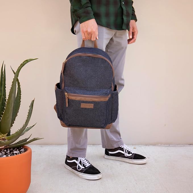 Wrangler Powell Backpack for Travel Classic Logo Water Resistant Casual Daypack for Travel with Padded Laptop Notebook Sleeve (Denim)