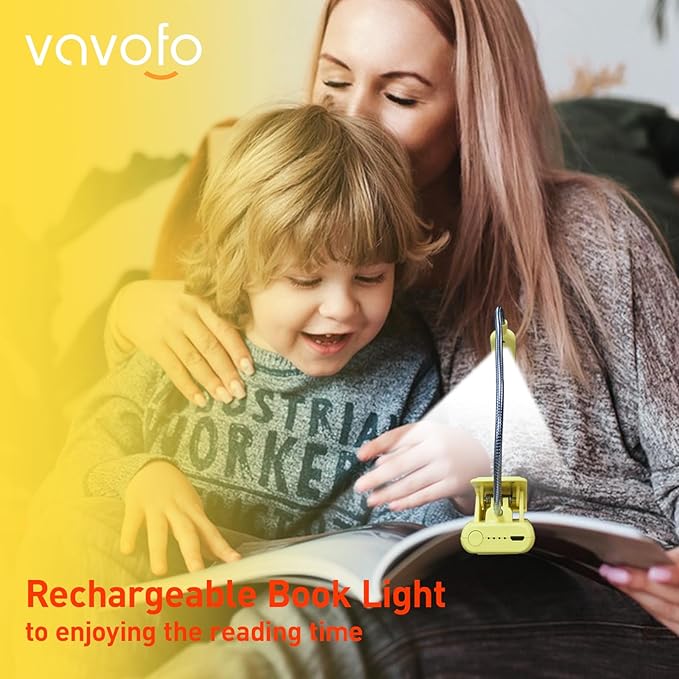 VAVOFO Rechargeable Book Light for Reading in Bed Kids, 7 LED Reading Light with 9-Level Warm Cool White Daylight, Eye Care Lamp with Power Indicator for Bookworms (Yellow)