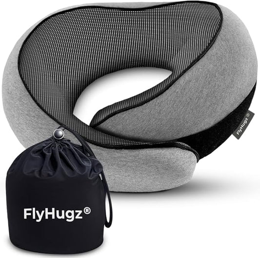 FlyHugz® Neck Travel Pillow | Memory Foam Neck Pillow for Comfort on Airplane | Compact and Ergonomic Design for Travel, Car Rides, and Home Use | Ideal for Adults and Kids