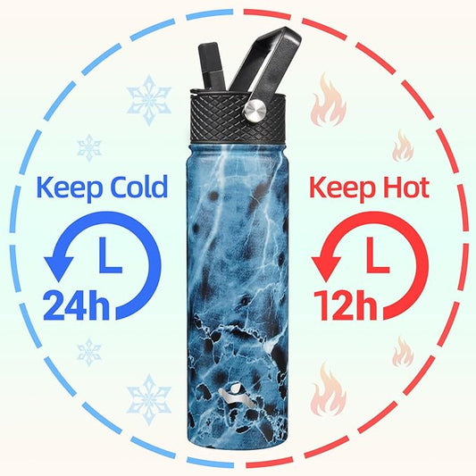 22oz Stainless Steel Bottles with 3 Lids Sport Insulated Water Bottle,Marble Ocean