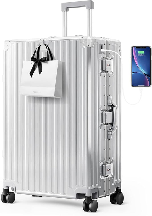 ALPHA CAMP Checked 28 Inch Luggage, Thickened Aluminum Frame Luggage with TSA Spinner Wheels, 3-Layer PC Hard Shell Zipperless Lightweight Travel Suitcase, TypeC USB Charging Port, Cup Holder