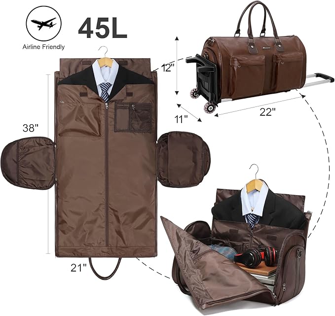 Modoker Rolling Garment Bag for Travel Wheeled Duffel Bag Luggage Suit Travel Bags for Men and Women,3 in 1 Carry on Convertible Garment Bag with Wheels,Dark Brown