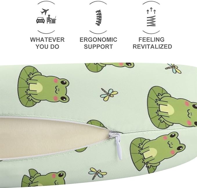 Lightweight Travel Neck Pillow Cute Animal Green Frogs Memory Foam U Shaped Cushion, Washable Removable Cover for Airplane Car Outdoor Rest