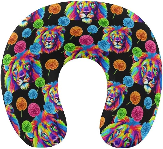 Pain Relief Travel Pillow Memory Foam Chin Support Watercolor Lion Art Painting, Breathable Washable Cover for Airplane Car Office
