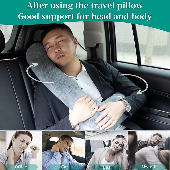 Travel Pillow Upgraded Version of Aircraft Travel Neck Pillow with Storage Bag, Sleep Pillows for Travel by Train, Car, or Plane, Supporting The Head and Body, Travel Pillow for Kids