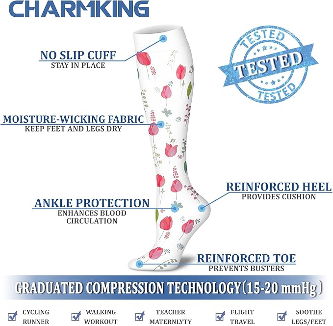 CHARMKING Compression Socks for Women & Men Circulation (8 Pairs) 15-20 mmHg is Best Support for Athletic Running,Cycling