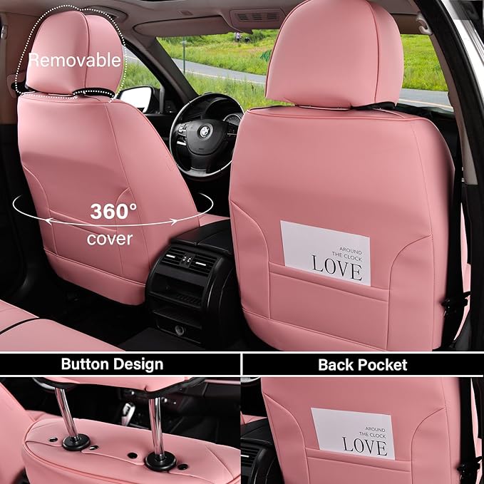 Coverado Car Seat Covers Full Set, Seat Covers for Cars, Pink Car Seat Protector Waterproof, Nappa Leather Car Seat Cushion, Car Seat Covers Front Seats and Back Fit for Most Cars