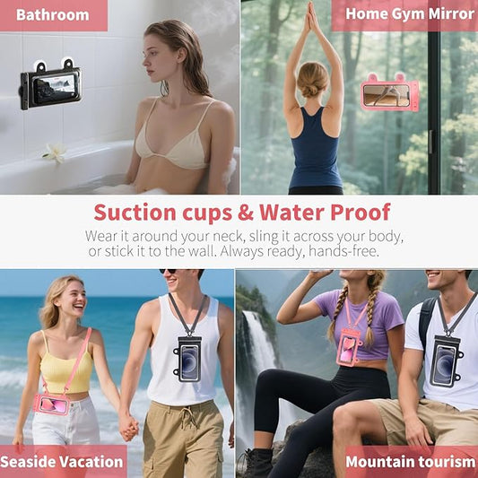 XL Waterproof Phone Pouch iPhone &Shower Phone Holder Waterproof with 2 Suction Cups,Water Phone Protector Pouch with Adjustable Lanyard,Floating Phone Case for iPhone 16 15 14 Pro Max (Pink)