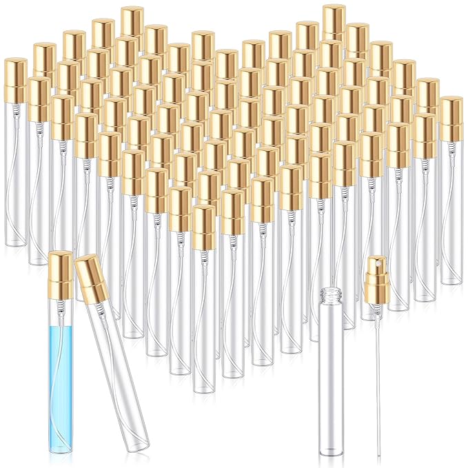 Zhehao 75 Pcs Mini Spray Bottles 10 ml Clear Glass Perfume Bottles Refillable Fine Mist Perfume Atomizer Portable Empty Sample Containers for Cleaning, Essential Oils, Travel (Gold Cap)