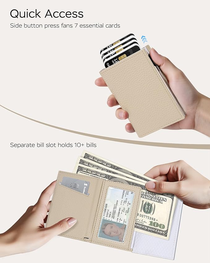 Vast Scenery Women's Small Wallet - Minimalist Neutral Beige Cream, RFID Blocking Smart Metal Pop Up Card Holder, Ultra Slim Fits Most Bags & Pockets, Holds 11+ Cards 10+ Bills, Gift for Her