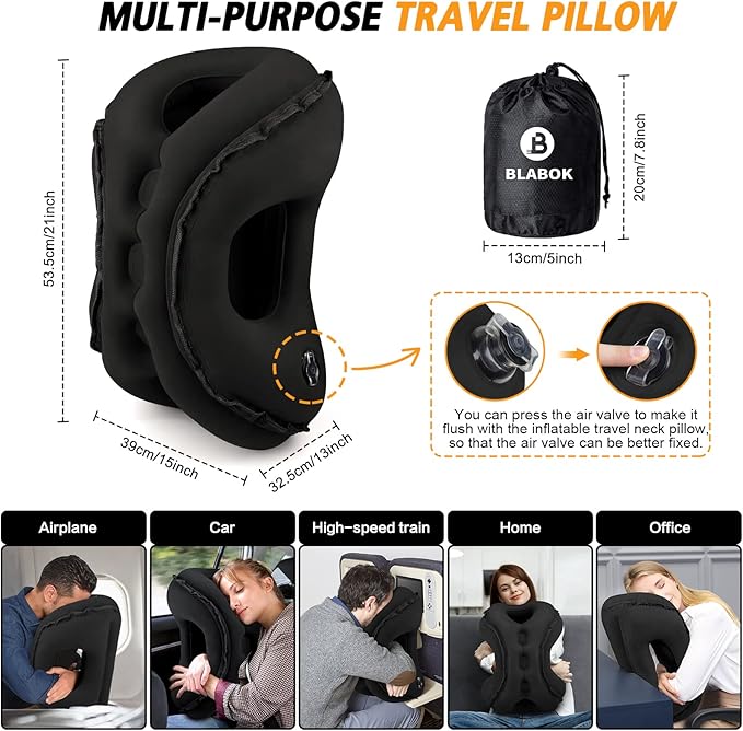 Inflatable Travel Pillow,Multifunction Travel Neck Pillow for Airplane to Avoid Neck and Shoulder Pain,Support Head,Neck,Used for Sleeping Rest, Airplane and Home Use,with Eye Mask, Earplugs, Black
