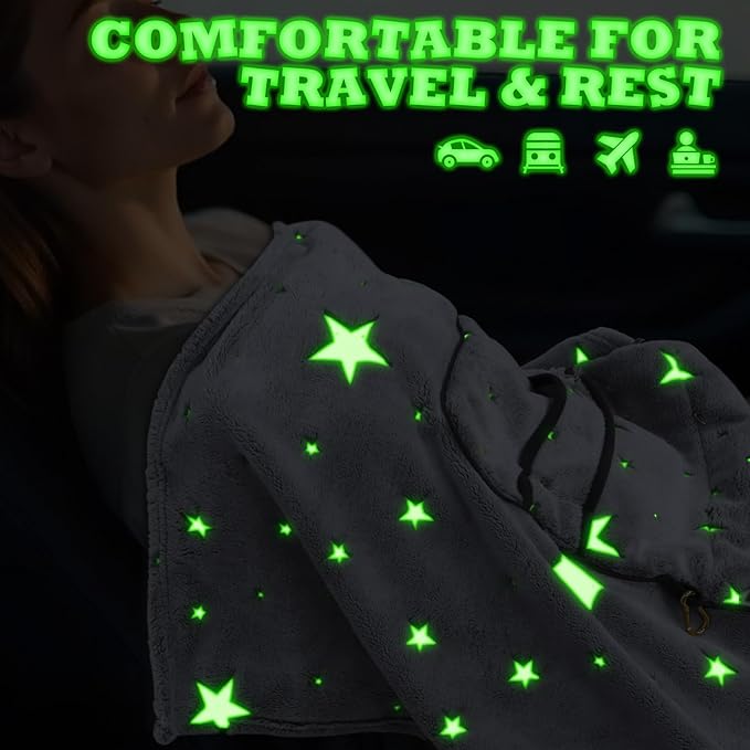 HWING Travel Blanket Airplane Compact with Bag - Glow in The Dark Stars Blanket Travel Pillows for Airplanes Travel Essentials for Flying - Birthday Gifts for Kids Teens Women Camping Outdoor Blanket