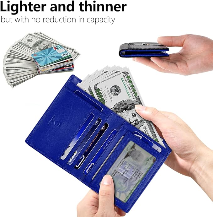 GSOIAX Wallet for Men Slim RFID Blocking Front Pocket Bifold Wallet Leather Money Clip 10-12 Cards Mens Wallet with ID Window Thin Minimalist Credit Card Holder Birthday Gifts for Men Carbon-Blue