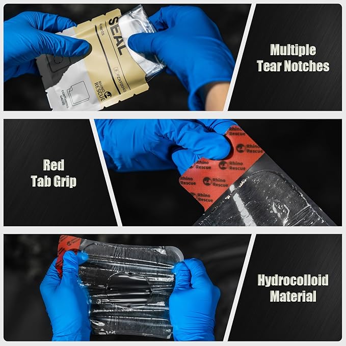 RHINO RESCUE Vented Chest Seal, 4 Vents, Sterile Emergency Trauma Dressing, Occlusive Adhesive Pad, IFAK Trauma Refill Medical First Aid Supplies for Wound Care, Gunshot Wound, Sucking Chest(6 Count)