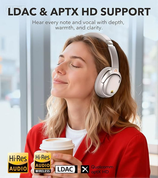 1Mii E700 Wireless Bluetooth Over Ear Headphones with Active Noise Canceling, Hi-Res Audio LDAC/aptX Low Latency for Airplane Travel Overhead Comfort, 54H Playtime, Custom EQ via App - Platinum