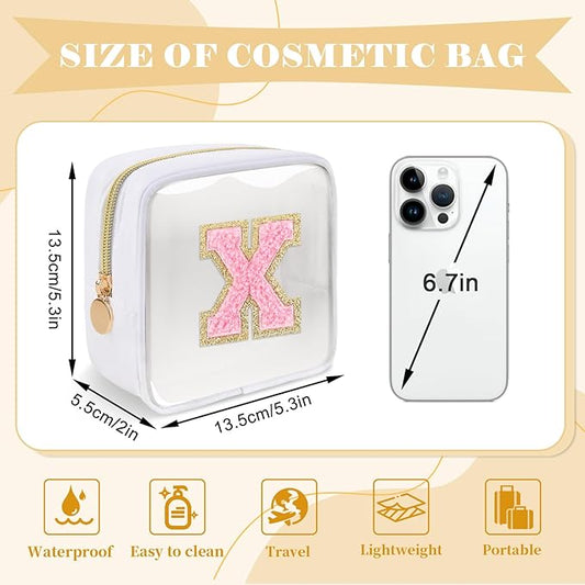 Personalized Initial Letter Clear Preppy Makeup Bag,Mini Nylon Chenille Letter Cosmetic Bag Cute Zipper Pouch Purse for Teen Girls,Portable TSA Approved Beach Travel Essentials Bag Gift for Women,X