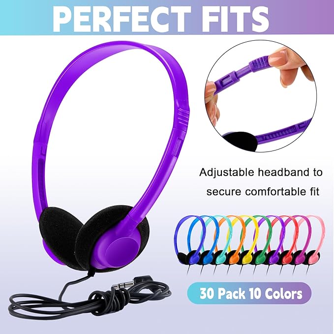 Yunsailing 30 Pack Bulk Headphones Set Over Ear Headphones with Adjustable Headband 3.5mm Plug Headsets Earphones for Learning Program, Computer Lab, Library, Testing & Multimedia Use (Colorful)