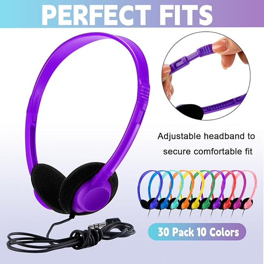Yunsailing 30 Pack Bulk Headphones Set Over Ear Headphones with Adjustable Headband 3.5mm Plug Headsets Earphones for Learning Program, Computer Lab, Library, Testing & Multimedia Use (Colorful)