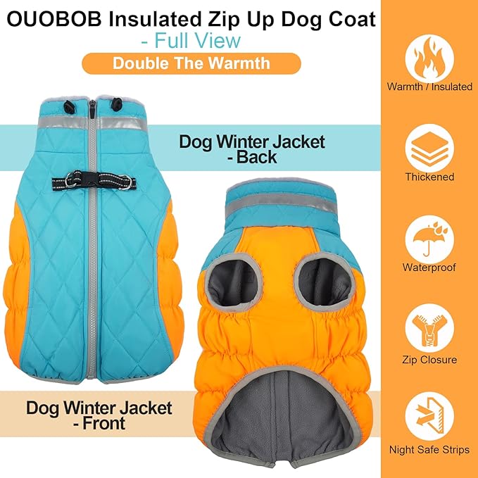 OUOBOB Warm Dog Jackets for Large Dogs, Waterproof Dog Coat with Harness Built in, Zipper Clousure, Fleece Lining for Cold Weather Outdoor Walks, Pet Snowsuit for Shiba Inu, French Bulldog - L