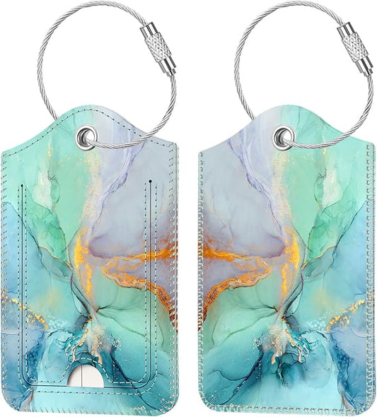 Fintie Luggage Tags, Privacy Cover ID Label with Stainless Steel Loop and Address Card for Travel Bag Suitcase, Emerald Marble (2 Piece)