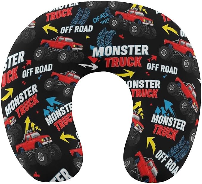 Stylish U Shaped Travel Neck Pillow Memory Foam Chin Support Monster Truck Car Red Black, Breathable Washable Cover for Airplane Car Office Decor
