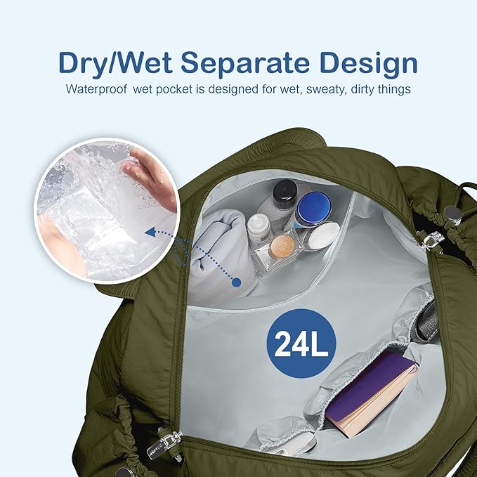 TOPDesign Travel Duffel Bag for Women, Puffer Gym Bag Sports Tote with Wet Pocket, Carry On Weekender with Luggage Sleeve (Dark Green)