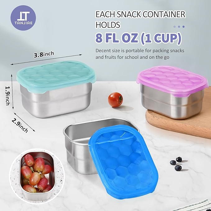 Snack Pro - Small (1 CUP) Stainless Steel Snack Containers for Kids | Easy Open Leak Proof Food Containers with Silicone Lids - Perfect Metal Toddler Lunch Box for Daycare and School (8oz*3)