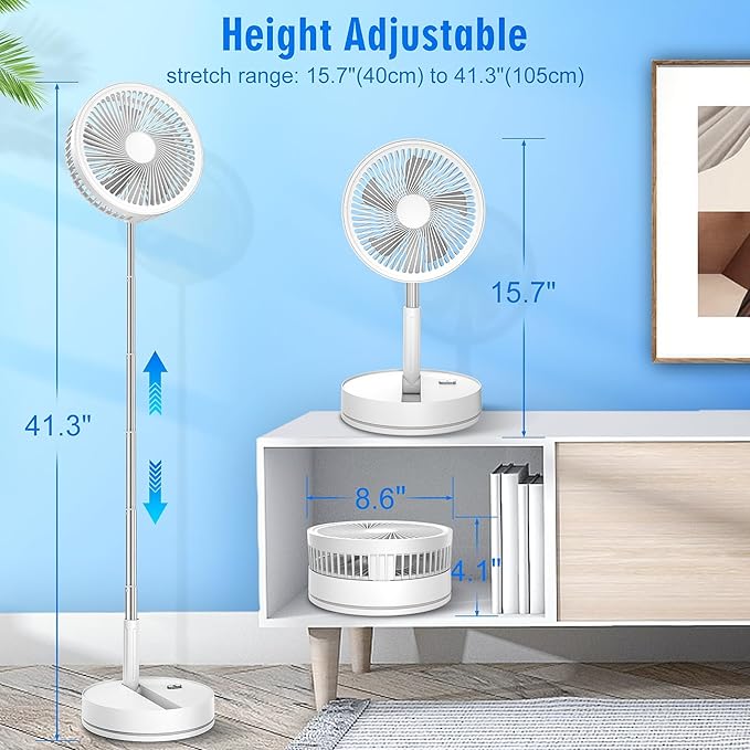 LIPETY Portable Foldable Rechargeable Oscillating Fan - 9" 7200mah Battery Operated USB C Small Fan Remote, Quiet Table Desk Fan Folding Standing Pedestal Fans for Bedroom Rome Office Camping Travel