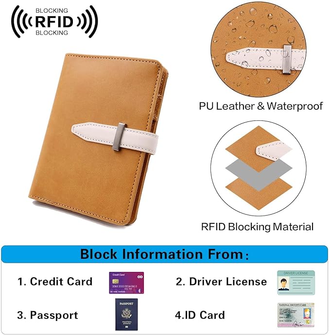 Deziliao Passport wallets, Mulit-purpose RFID Blocking Passport Holder AirTag Wallet, Travel Wallet Cover Case（Brown）