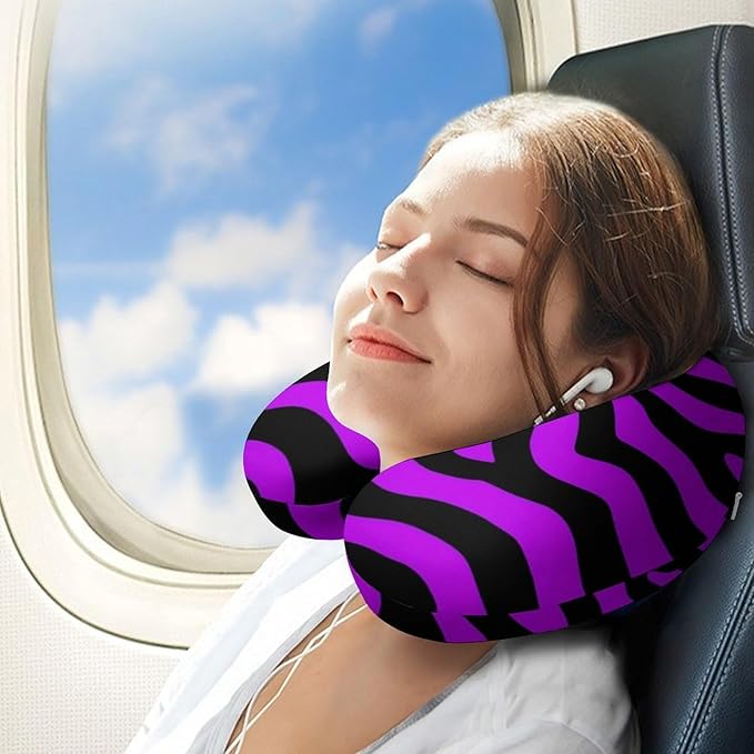 Memory Foam U-Shape Travel Pillow, Animal Purple Tiger Stripes Art U-Shaped, Neck Support Compact for Airplane Bus Rest, Washable Cover Breathable