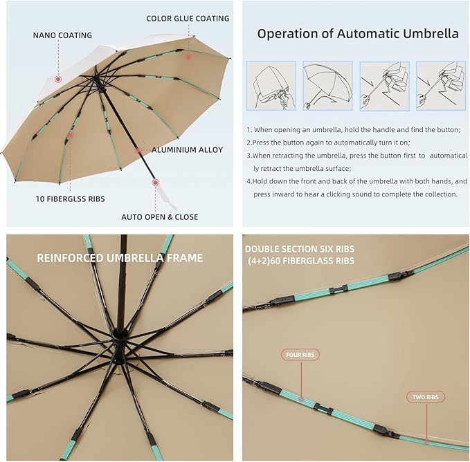 Folding Umbrella Anti-UV Compact Durable Folding Umbrella Auto Open Close Windproof Travel Umbrella Premium Grip Fits Backpack