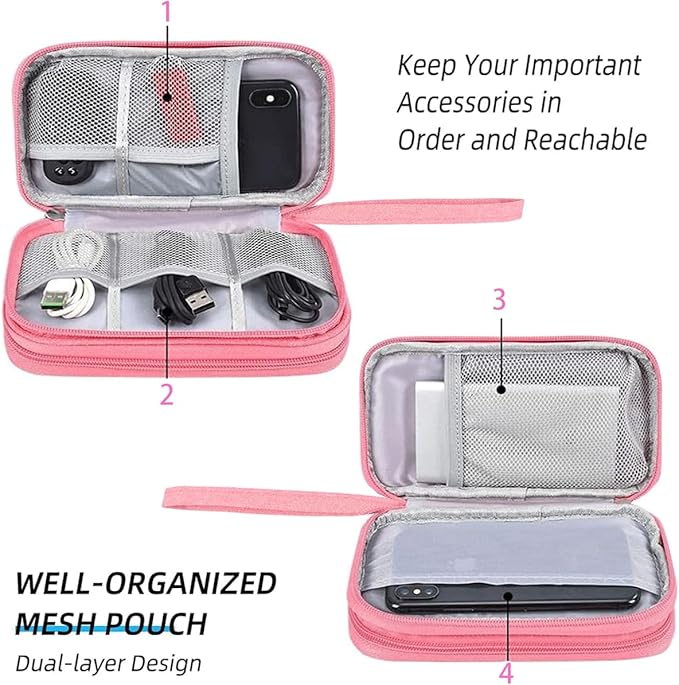Electronic Accessories Case, Electronics Organizer Pouch Bag, Portable Travel Cable Organizer Case, Tech Storage Bag for Cable, Cord, Charger, Phone, Power Bank, Earphone (Dark Pink, Large)