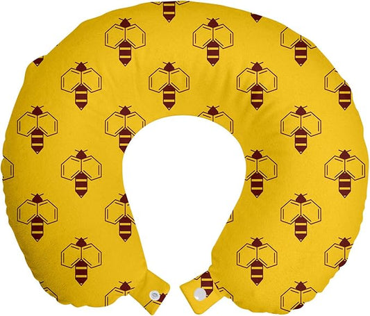 Ambesonne Queen Bee Travel Pillow Neck Rest, Geometric Honey Lover with Wings Nature Theme Bumblebee Design, Memory Foam Traveling Accessory for Airplane and Car, 12", Earth Yellow Seal Brown