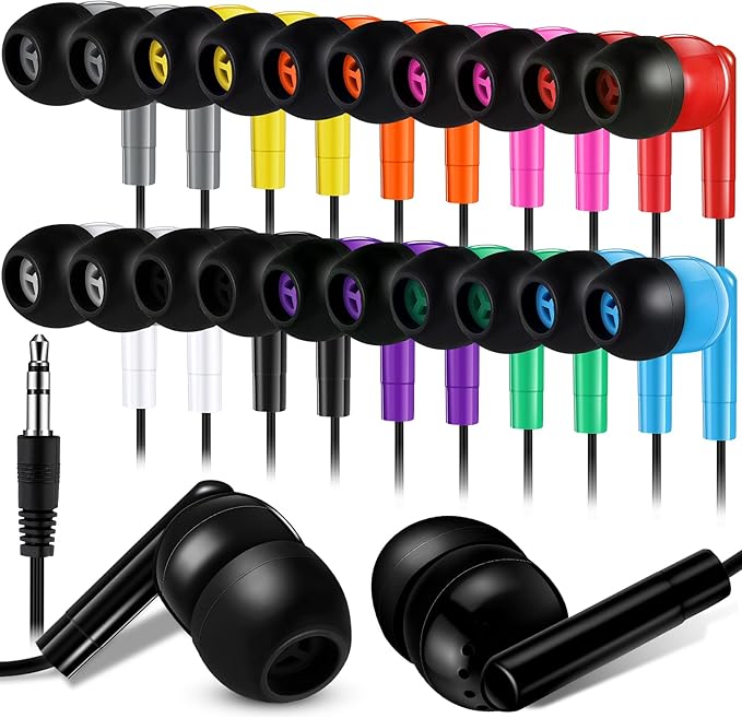 Kanayu 100 Pack Wired Earbuds Bulk for Classroom Ear Headphones Wired Basic Student Earbuds No Microphone with 3.5MM Jack for Class Laptop School Library, Individually Bagged (Multicolor)