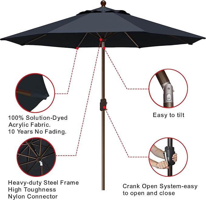 EliteShade USA 10-Year-Non-Fading 9Ft Market Umbrella Patio Umbrella Outdoor Table Umbrella with Ventilation, Black