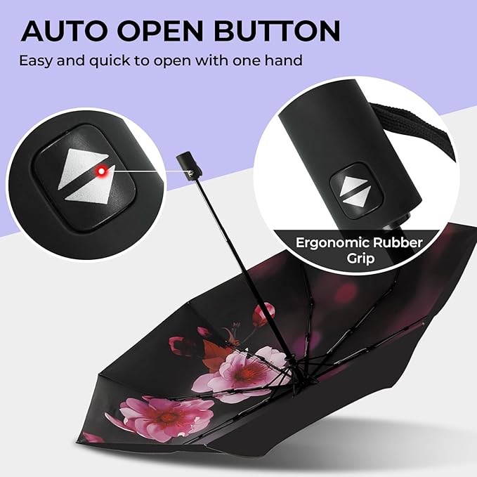 LLanxiry Compact Travel Umbrella, 44" Canopy, Automatic Open/Close Windproof Umbrella, 210T Pongee, 8-Rib Fiberglass, Travel Size Mini, Portable Rain/Sun Umbrellas UPF 50+ with Cover