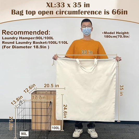 Canvas Laundry Bag 33"x 35", Thick Cotton Laundry Bag with Handles & Drawstring, Extra Large Heavy Duty Washable Basket Liner Hamper Liner Canvas Storage Sack (Beige XL, 2 Pack)