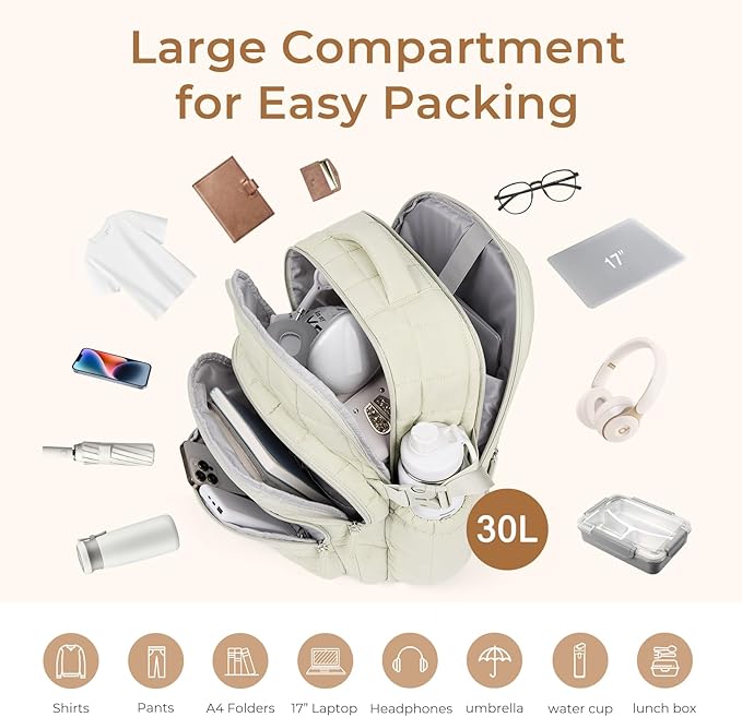 CLUCI 17.3 Inch Laptop Backpack for Women, Anti Theft Travel Backpack, Puffer Quilted Work Backpack, Water Resistant College Bookbag, Carry on backpack with RFID (Beige)