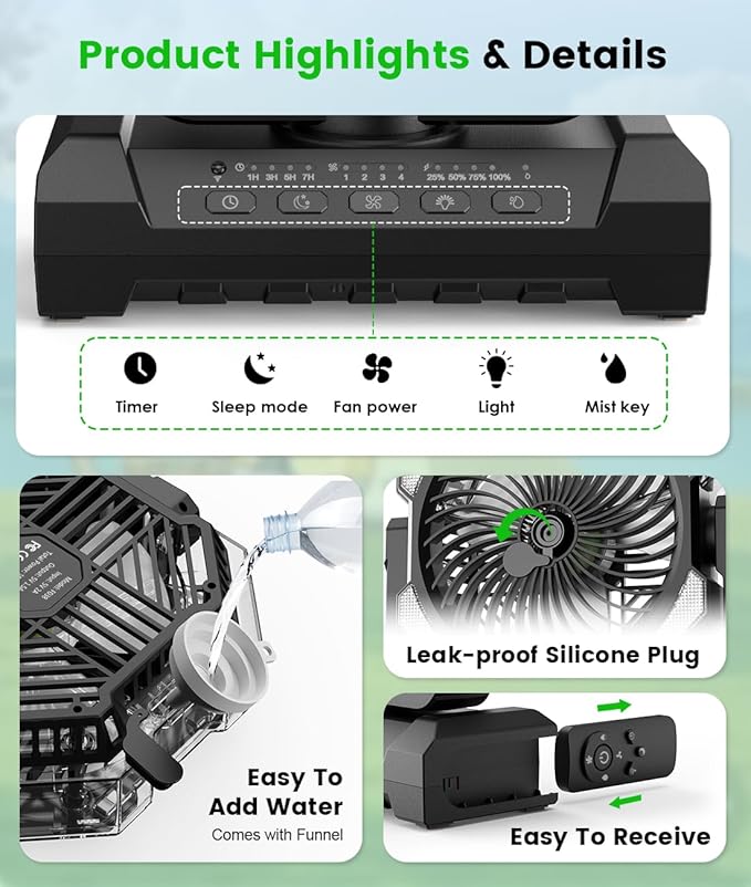 Misting Fan - Portable Battery Powered Fans with 9oz Water Tank, Light, Hook - Rechargeable, 120H Cooling, Last 5H Mist, 4 Speed, Sleep Mode - Outdoor Fan, for Camping, Travel Essentials