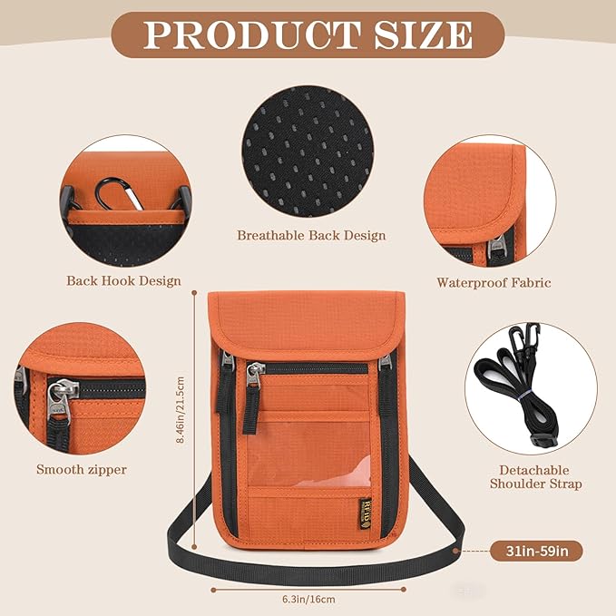 Passport Holder for Travel, Neck Pouch Travel Wallet With RFID Blocking, Waterproof Lightweight Passport Wallet for Women and Men (Orange)