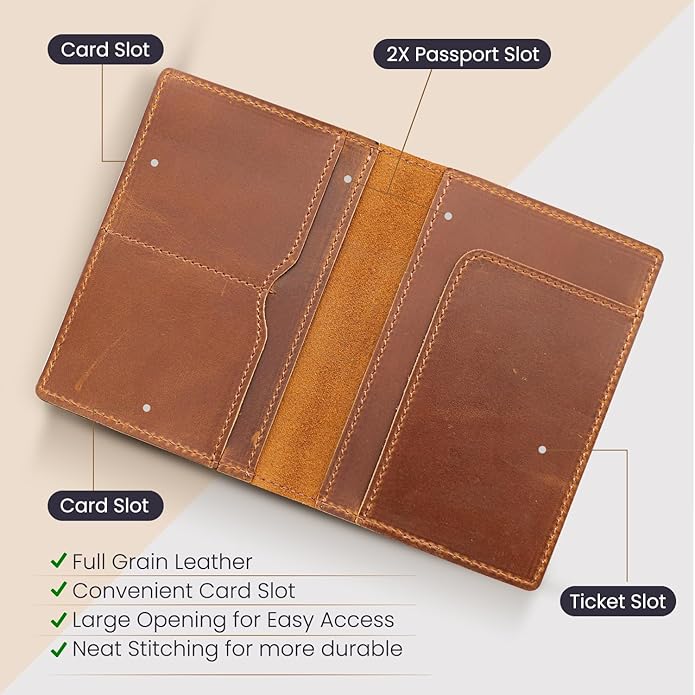 Retro Travel Genuine Leather Passport Holder with Folding Wallet Design