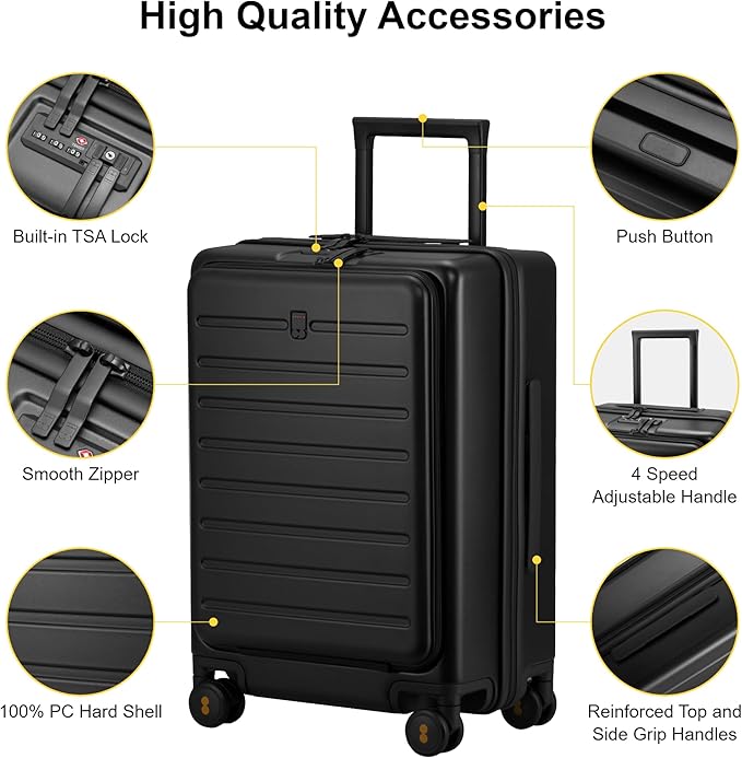 LEVEL8 Carry On Luggage with Compartment, 20 Inch Lightweight Hard Shell Rolling Suitcase with Wheels Airline Approved with Front Pocket, Double Tsa Locks, Black