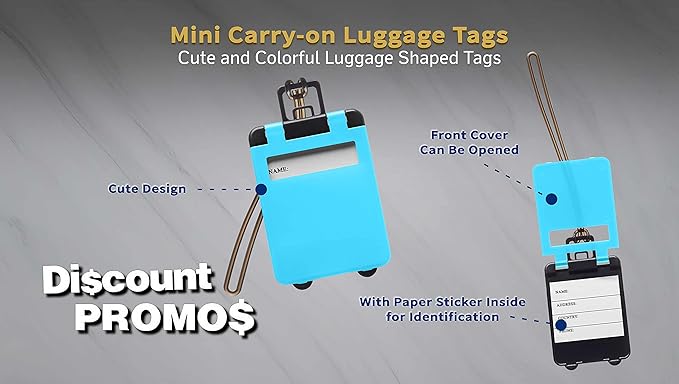 10 Mini Carry-on Luggage Tags Pack - Flip Open Cover, ID Sticker - Light Blue